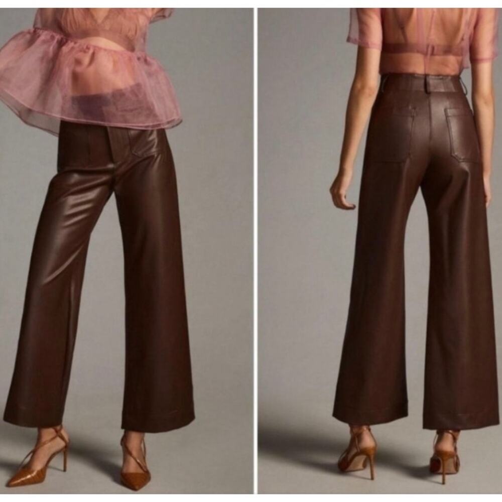 Anthropologie Maeve Colette Faux Leather Cropped Wide Leg Pants Brown Size 28